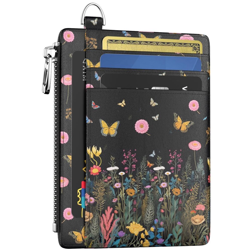 5906 Slim Wallet Credit Card Holder Butterfly Flowers Night RFID Small Mini